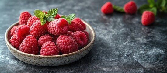 Bowl of fresh raspberries arranged artistically on a dark background with ample copy space for text...