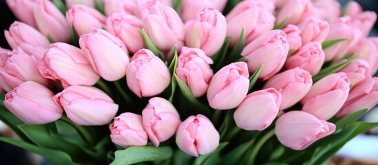 Obraz premium Fresh pink tulips elegantly arranged for celebrations highlighting beauty and vibrancy in floral arrangements