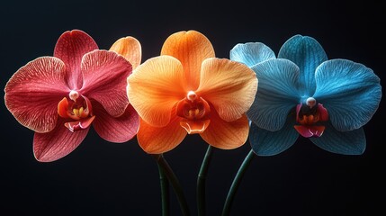 Obraz na płótnie Canvas Vibrant orchids in red orange and blue hues against a dark background creating striking visual contrast and elegant negative space composition