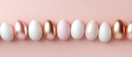 Elegant border of rose gold pastel pink and white Easter eggs on soft pink background with space for personalized text designs or messages