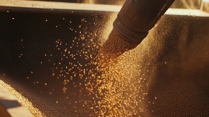 Grain auger unloading soybeans into tractor trailer with dust particles in sunlight on a farm during harvest season
