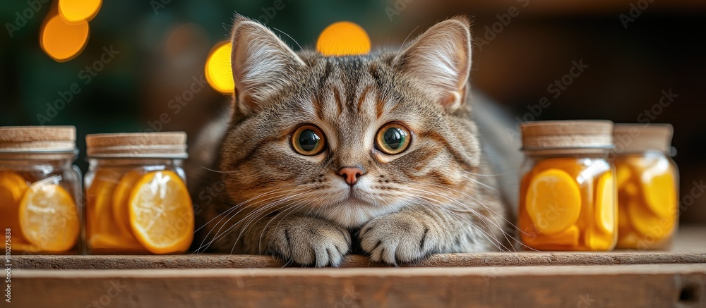 Poster portrait of a fluffy brown silver tabby cat resting on a wooden surface surrounded by jarred citrus 
