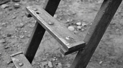 Fototapeta premium Rusty metal ladder in soft black and white tones highlighting texture and vintage aesthetics on a weathered ground surface.