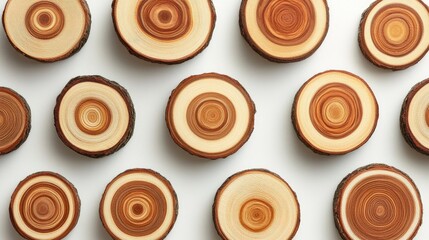 Wood slices background with distinct growth rings and earthy tones for rustic and natural design themes