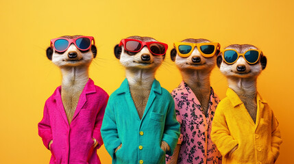 Four Meerkats in Sunglasses and Colorful Jackets