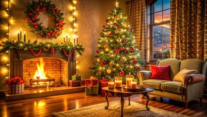 Cozy Christmas Living Room with a Glowing Fireplace and Decorated Tree in Rule of Thirds Composition for a Warm Holiday Atmosphere