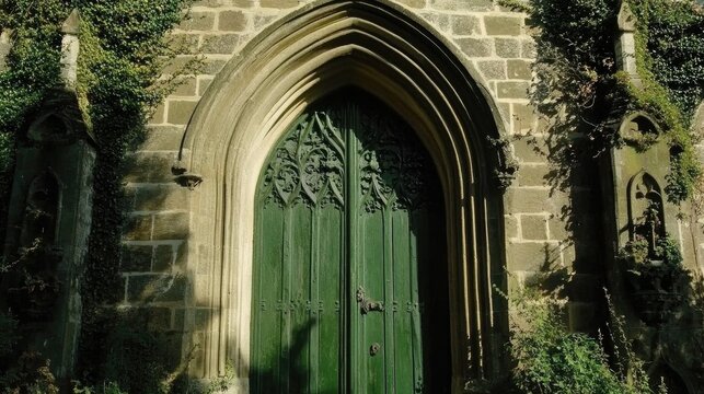Green wooden door with intricate design on an ancient stone building adorned with ivy and rustic charm.