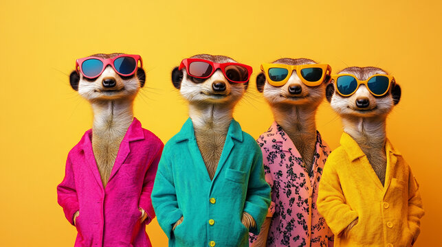 Four Meerkats in Sunglasses and Colorful Jackets