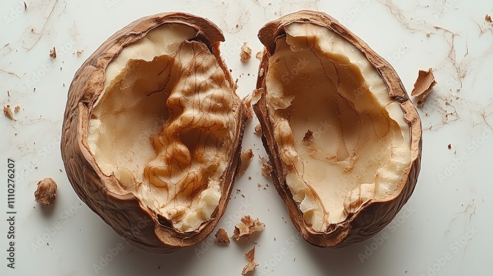 Poster split open walnut shell with visible texture and crumbs on a clean white background for organic food