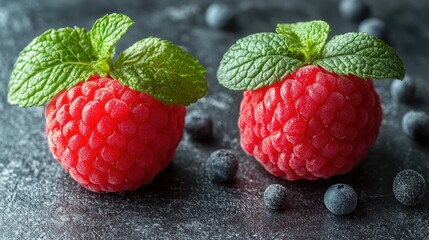 Fresh raspberries with mint leaves surrounded by blueberries on a dark textured background...