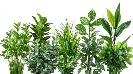 Obraz premium Variety of lifelike green artificial plants with diverse lush leaves displayed on a clean white background for home decor and design use.