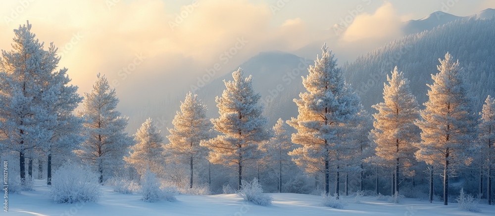 Poster snow-covered pine trees in a serene winter landscape with soft clouds and mountains in the backgroun