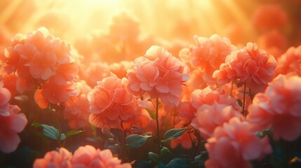 Soft pastel hydrangea blooms in warm sunlight creating a serene floral landscape filled with beauty and tranquility