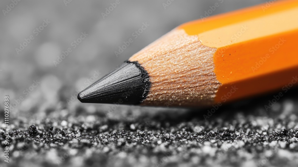 Poster close-up of a sharpened orange pencil tip resting on a textured black surface showcasing artistic to