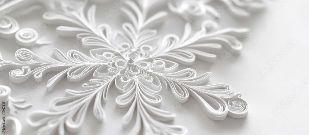 Poster intricate paper snowflake design showcasing detailed quilling techniques and elegant curves on a sof