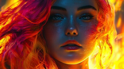 Girl with flaming neon hair stands confidently against a vibrant backdrop