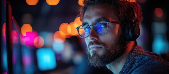 Team of computer programmers collaborating in a dimly lit office with colorful lights and focused expressions on their work