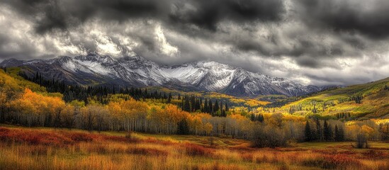 Dramatic HDR Mountain Landscape with Autumn Colors and Dense Cloud Cover on a Gloomy Day