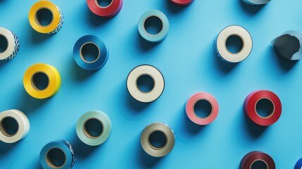 Variety of colorful scotch tape rolls arranged on a vibrant blue background for creative and DIY projects.