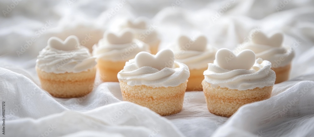 Poster heart-shaped individual cakes with white frosting elegantly arranged on a soft tablecloth creating a