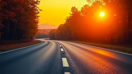 Fototapeta premium Autumnal Road Winding Through a Forest at Sunset