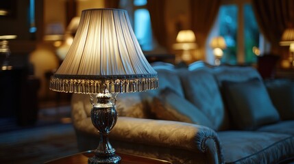 Obraz premium Elegant indoor lighting design featuring a stylish silver lamp in a beautifully decorated living room ambiance showcasing modern decor elements.