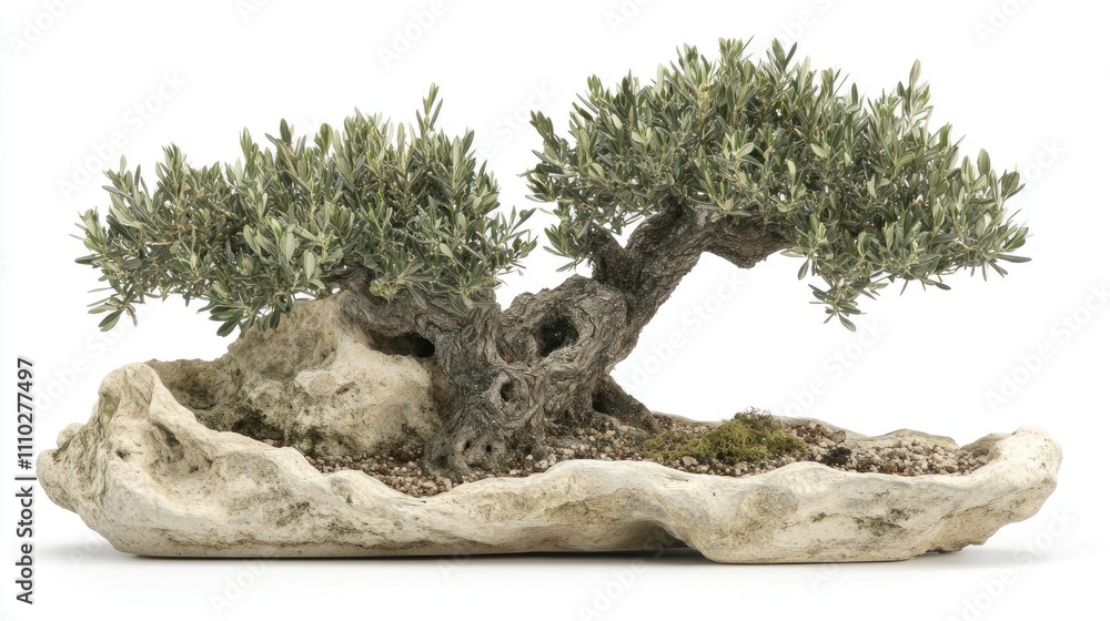 Poster bonsai olive tree with intricate trunk and lush foliage displayed on a textured stone base isolated 