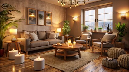 Cozy Indoor Setting for Therapeutic Conversations: Inviting Space with Warm Lighting and Comfortable Seating, Ideal for Intimate Dialogues and Relaxing Atmosphere