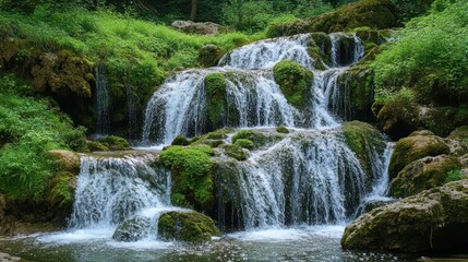 Serene Cascading Waterfall in Lush Green Forest