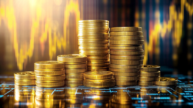 View of a computer screen displaying stock exchange graph and chart representing increased and decreased price in the stock market with stack of coins.