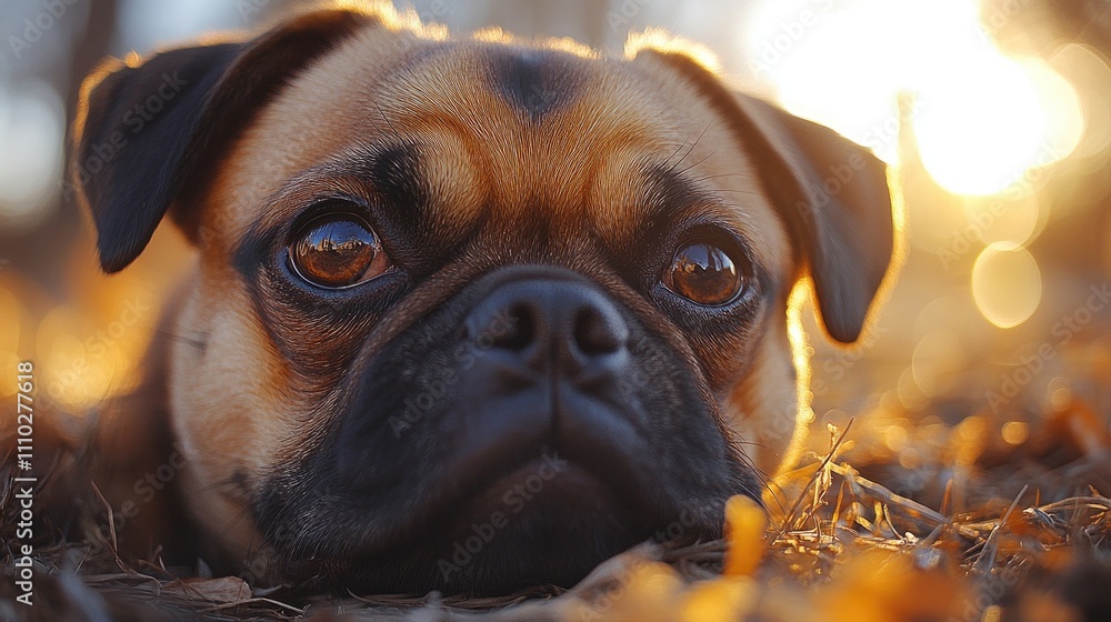 Poster pug dog relaxing in warm sunlight with a soft background showcasing its expressive eyes and serene e