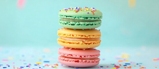 Colorful macaron stack on a festive background with blank invitation card mockup for anniversary or birthday celebration decoration