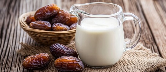 Fresh dates and traditional fermented dairy drink for Ramadan celebration on rustic wooden background