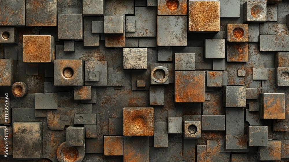 Poster abstract composition of rusty square steel hollow forms creating a textured industrial background in