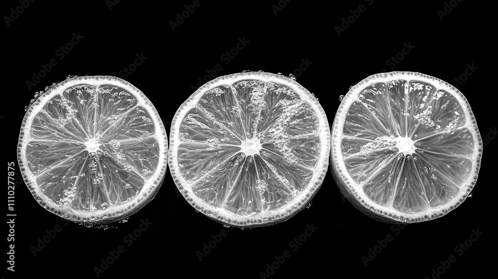 Poster fresh lemon slices arranged in a row with a dark background showcasing texture and droplets of water