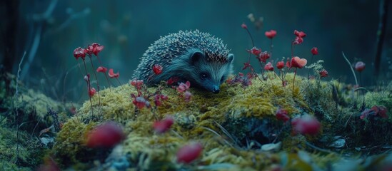 Hedgehog resting peacefully amidst a lush landscape of colorful moss and blooming flowers in a serene forest setting