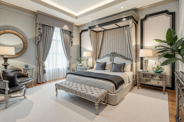 A modern bedroom with gray walls and velvety cream carpets - Generative AI