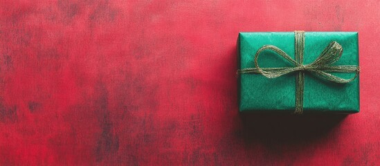 Birds eye view green gift box on red background perfect for New Year Christmas holiday promotions with ample copy space for text