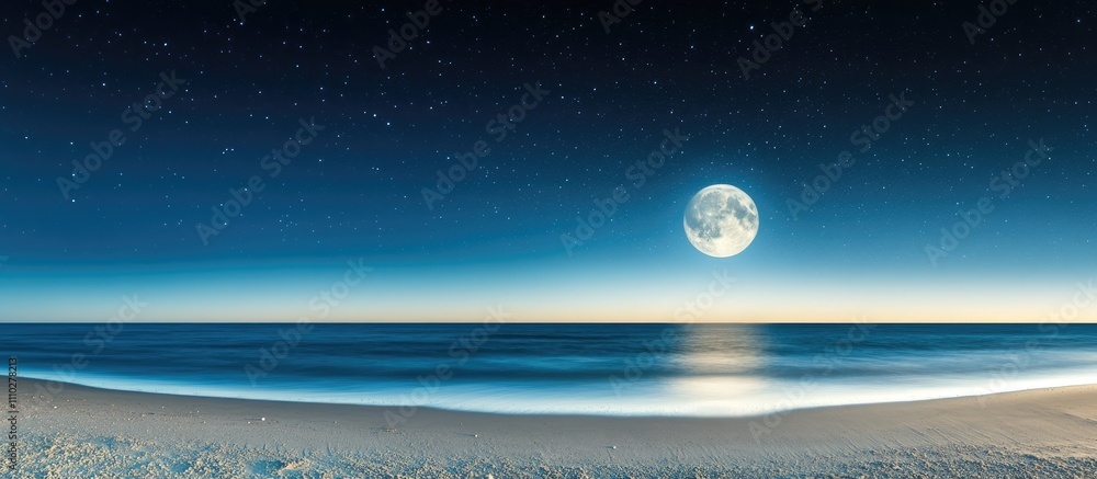 Poster serene moonlit ocean view at dusk with tranquil waves and starry sky creating a calming evening atmo