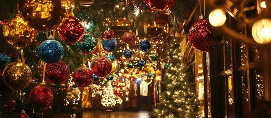 Festive New Year Decorations with Colorful Ornaments and Christmas Trees in a Cozy Atmosphere