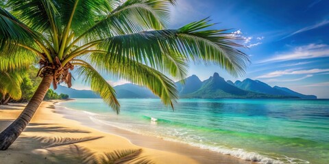 A lush palm tree sways gently on a picturesque beach with crystal-clear turquoise waters and a backdrop of majestic mountains