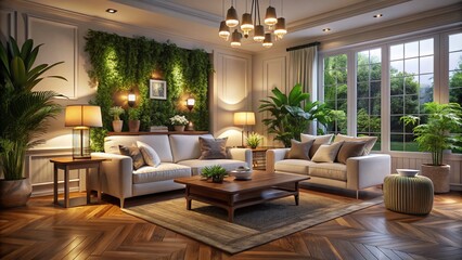 Cozy Night Photography of a Bright Living Room with White Furniture, Natural Wood Elements, and Lush Green Plants, Emphasizing a Calm and Inviting Atmosphere