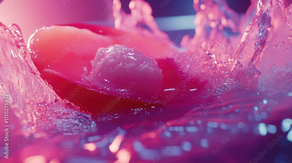 Poster macro shot of a peach highlighting the stone with vibrant colors and splashes of water creating an a