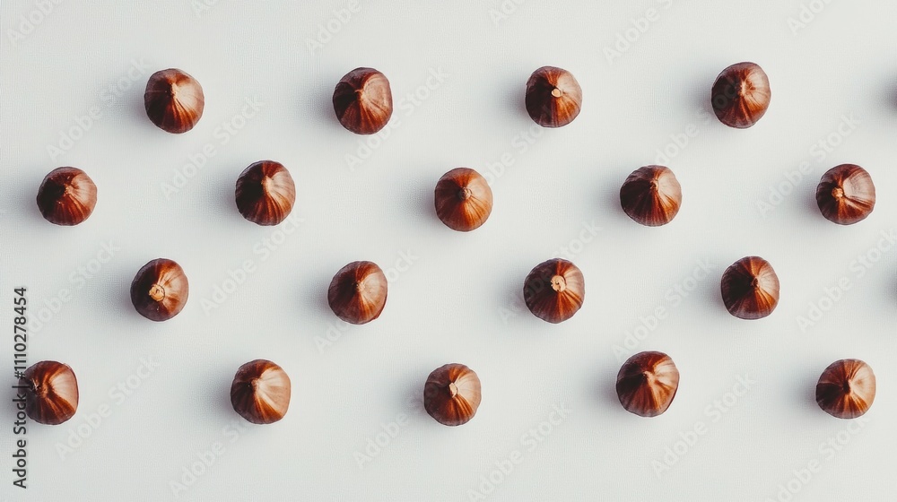Poster hazelnuts arranged in a symmetrical pattern on a clean white background ideal for food and product p