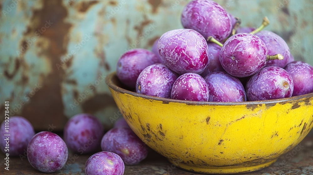 Poster jambul fruits in a vibrant yellow bowl with textured rustic backdrop creating a colorful and invitin