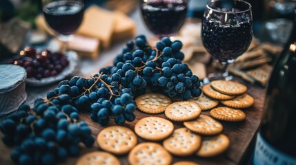 Cheese crackers and fresh grapes elegantly arranged on a rustic wooden board with glasses of red wine in a cozy setting