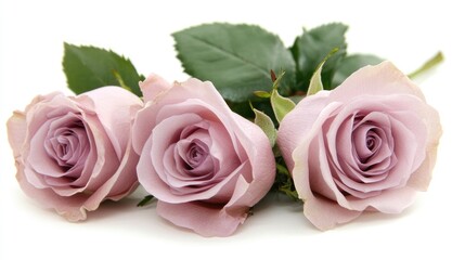 Delicate pink roses with lush green leaves arranged elegantly on a clean white background showcasing their natural beauty and soft petals