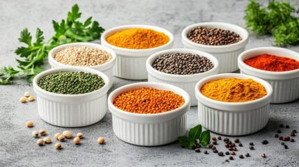 Healthy pulses and spices selection in white dishes on a textured surface with fresh herbs and vibrant colors showcasing natural ingredients