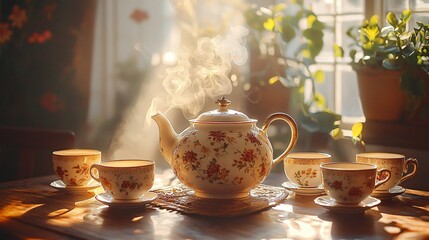 Vintage teapot surrounded by steaming cups on a sunlit table in a cozy setting