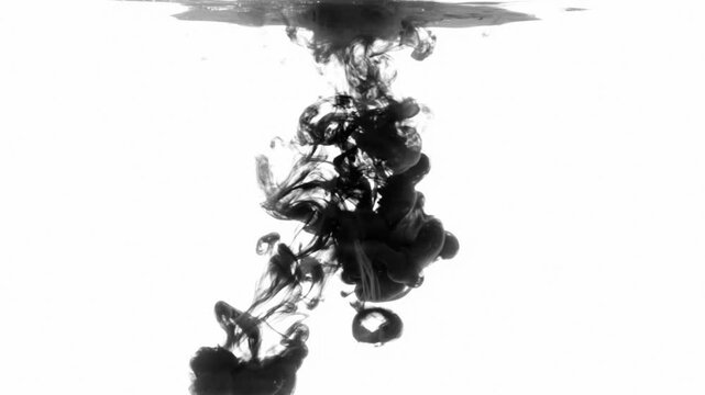 Slow motion of black ink droplet falling on water, superimposition of ink droplet dissolving in a liquid.
